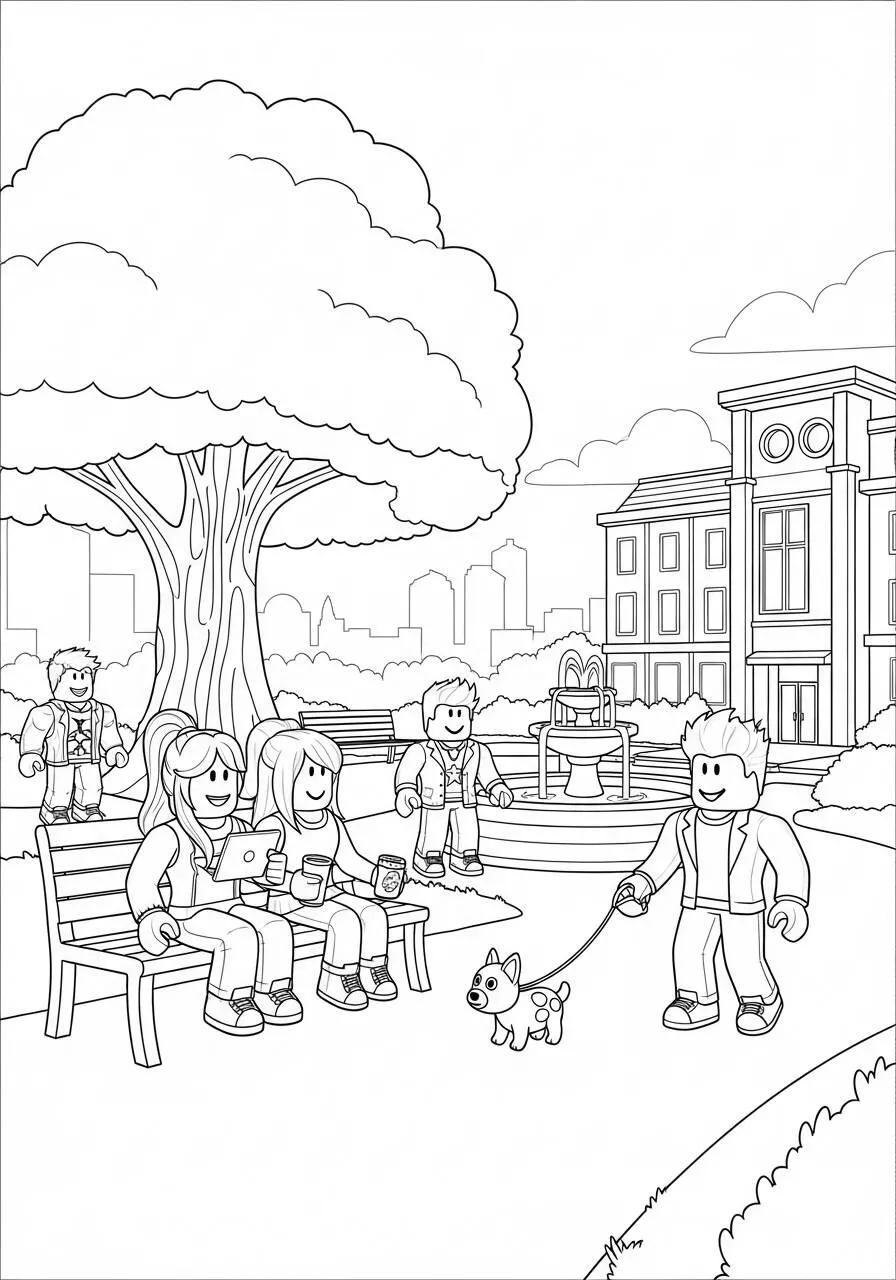 Desenho de Roblox Amigos no Parque com Cachorrinho para Colorir