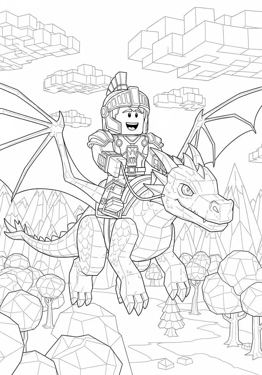 Desenho de Roblox Cavaleiro Montando Dragão para Colorir