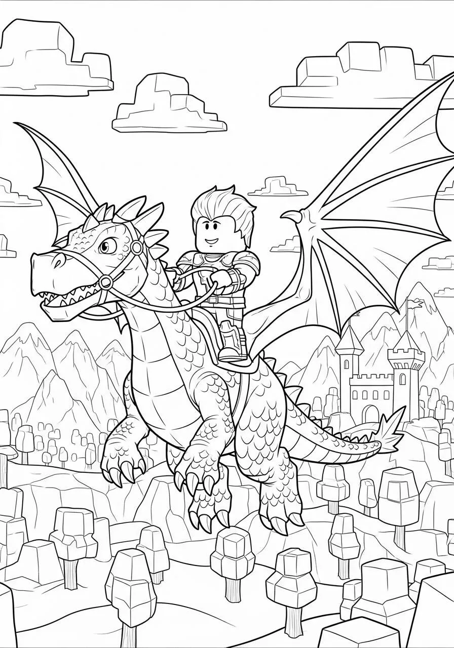 Desenho de Roblox Menino Montado em Dragão para Colorir