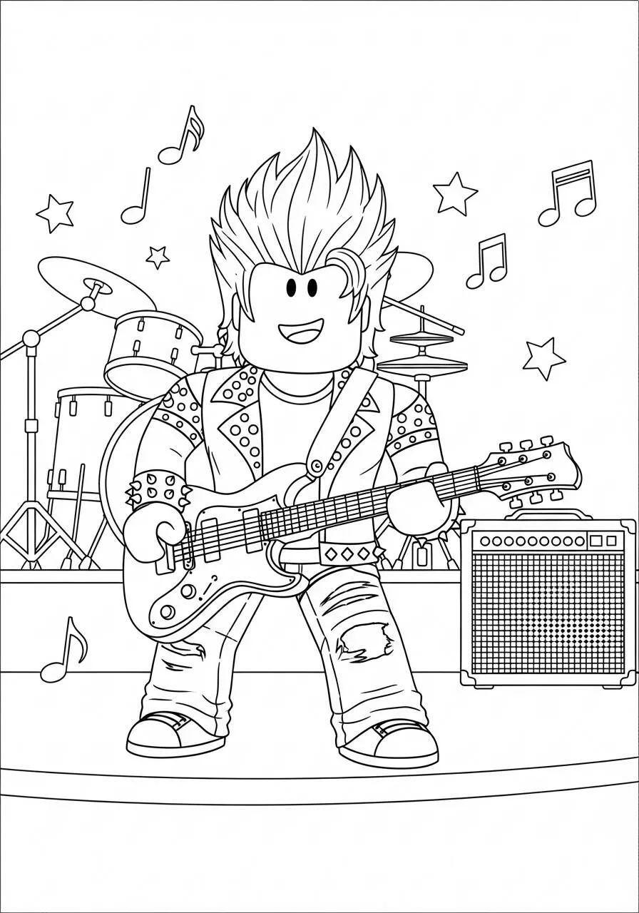 Desenho de Roblox Personagem Rockeiro com Guitarra para Colorir