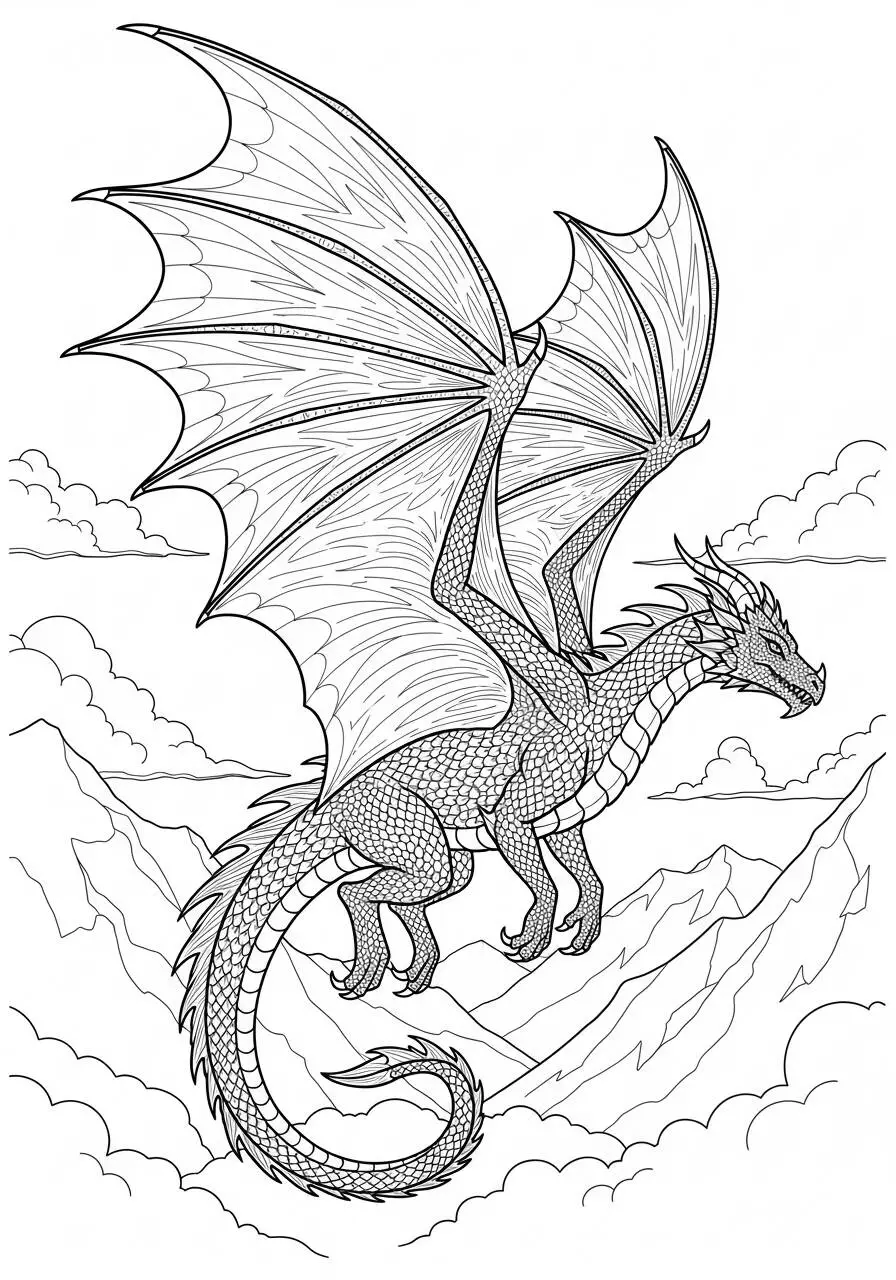 Desenho de Dragão Majestoso a Voar Sobre Montanhas para Colorir