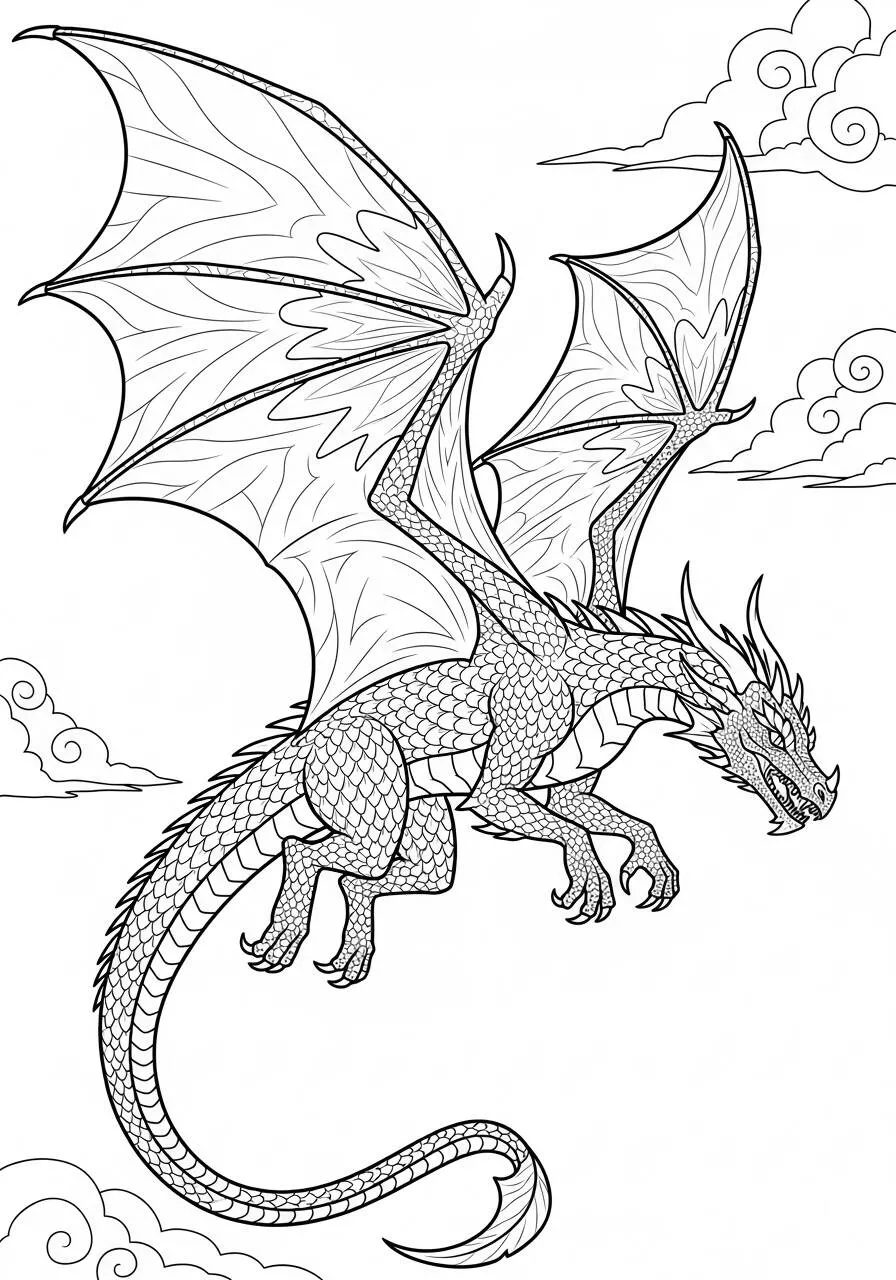 Desenho de Dragão Majestoso a Voar Entre Nuvens para Colorir