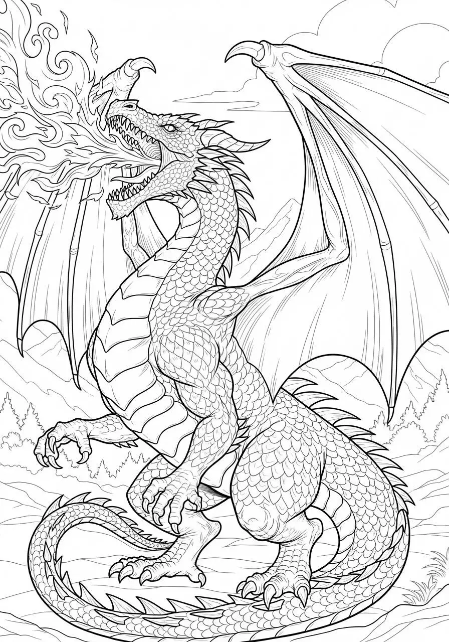 Desenho de Dragão Gigante a Cuspir Fogo nas Montanhas para Colorir