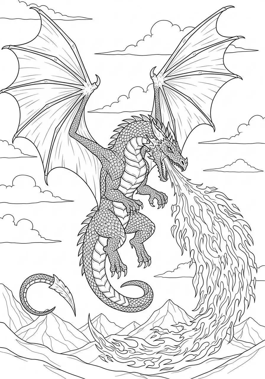 Desenho de Dragão a Cuspir Fogo Sobre Montanhas para Colorir