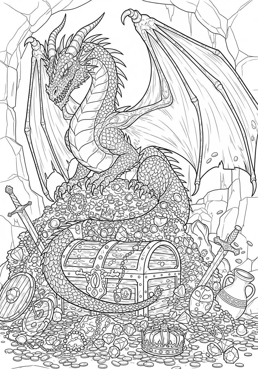 Desenho de Dragão Guardião do Tesouro em Caverna para Colorir