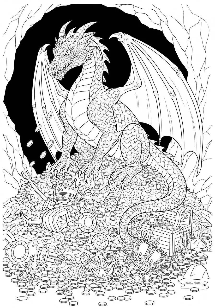 Desenho de Dragão Guardião do Tesouro em uma Caverna para Colorir