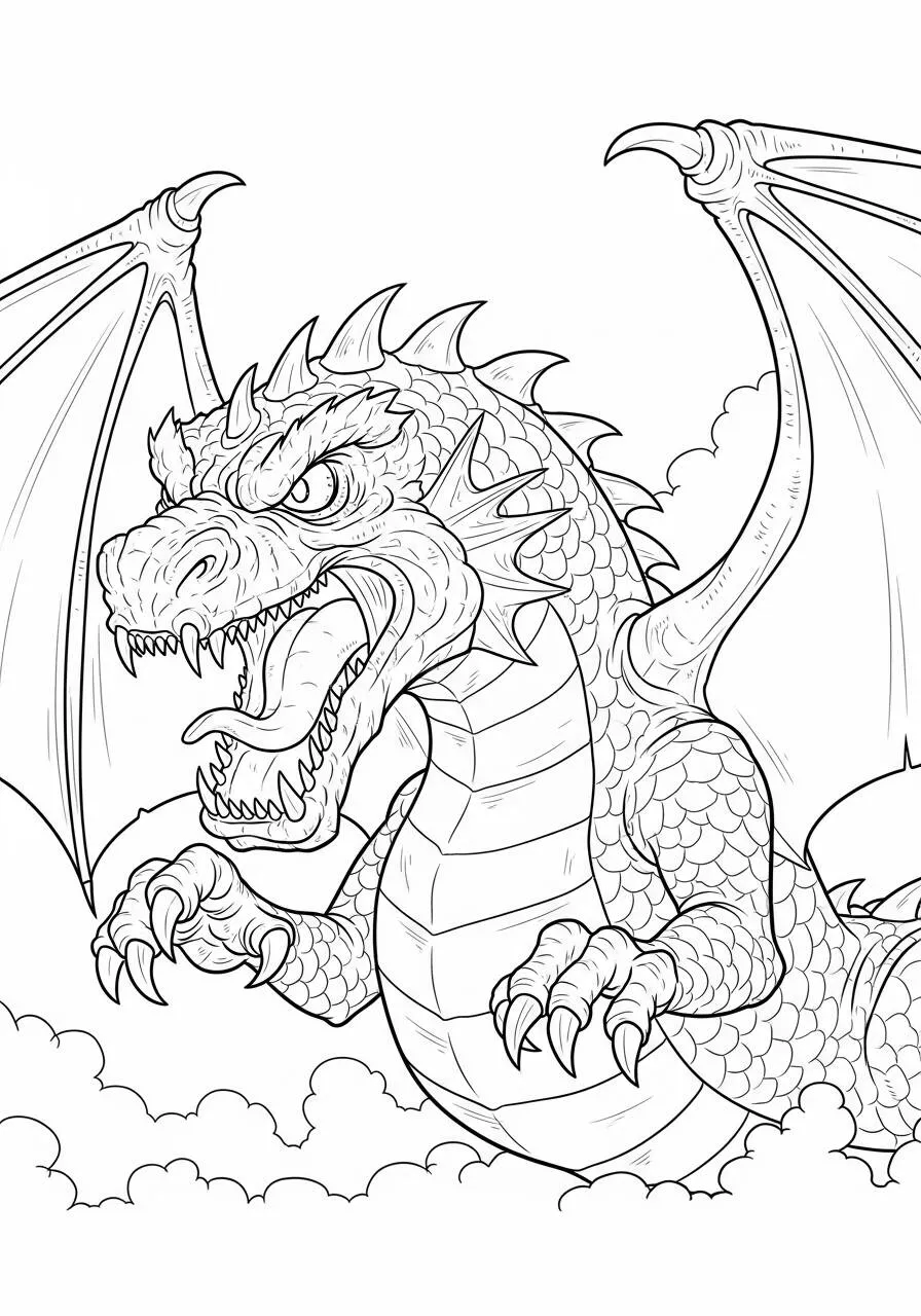 Desenho de Dragão Feroz com Asas Abertas para Colorir