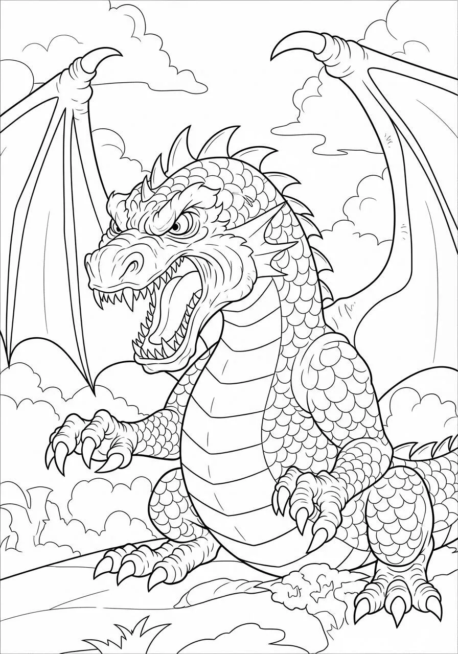 Desenho de Dragão Poderoso com Asas Abertas para Colorir