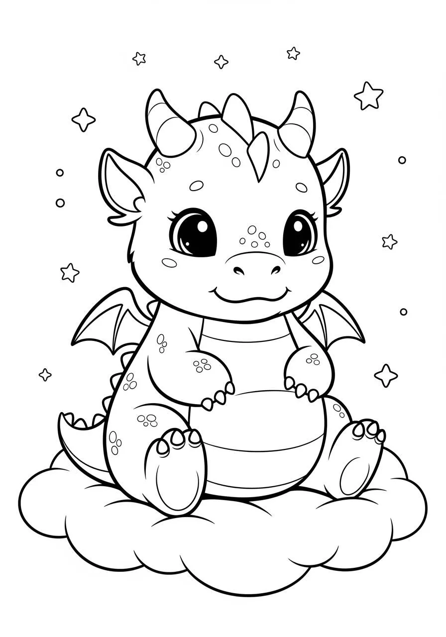 Desenho de Dragão Bebé Fofo Sentado na Nuvem para Colorir