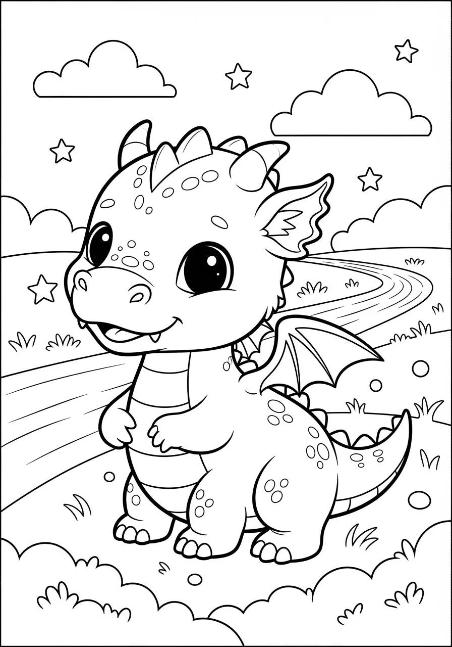 Desenho de Dragão Bebé Fofo com Asas para Colorir