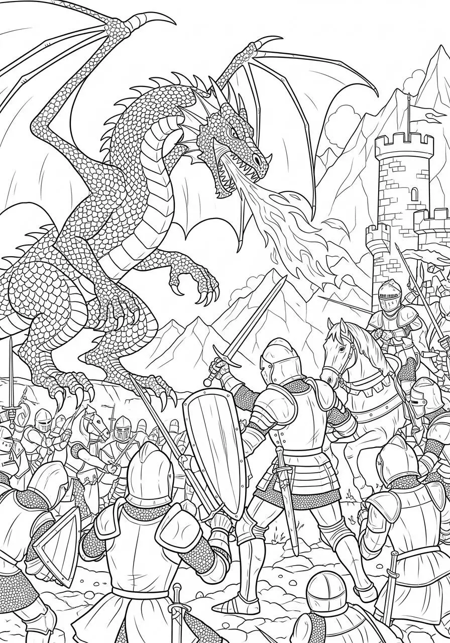 Desenho de Dragão a Cuspir Fogo em Batalha com Cavaleiros para Colorir