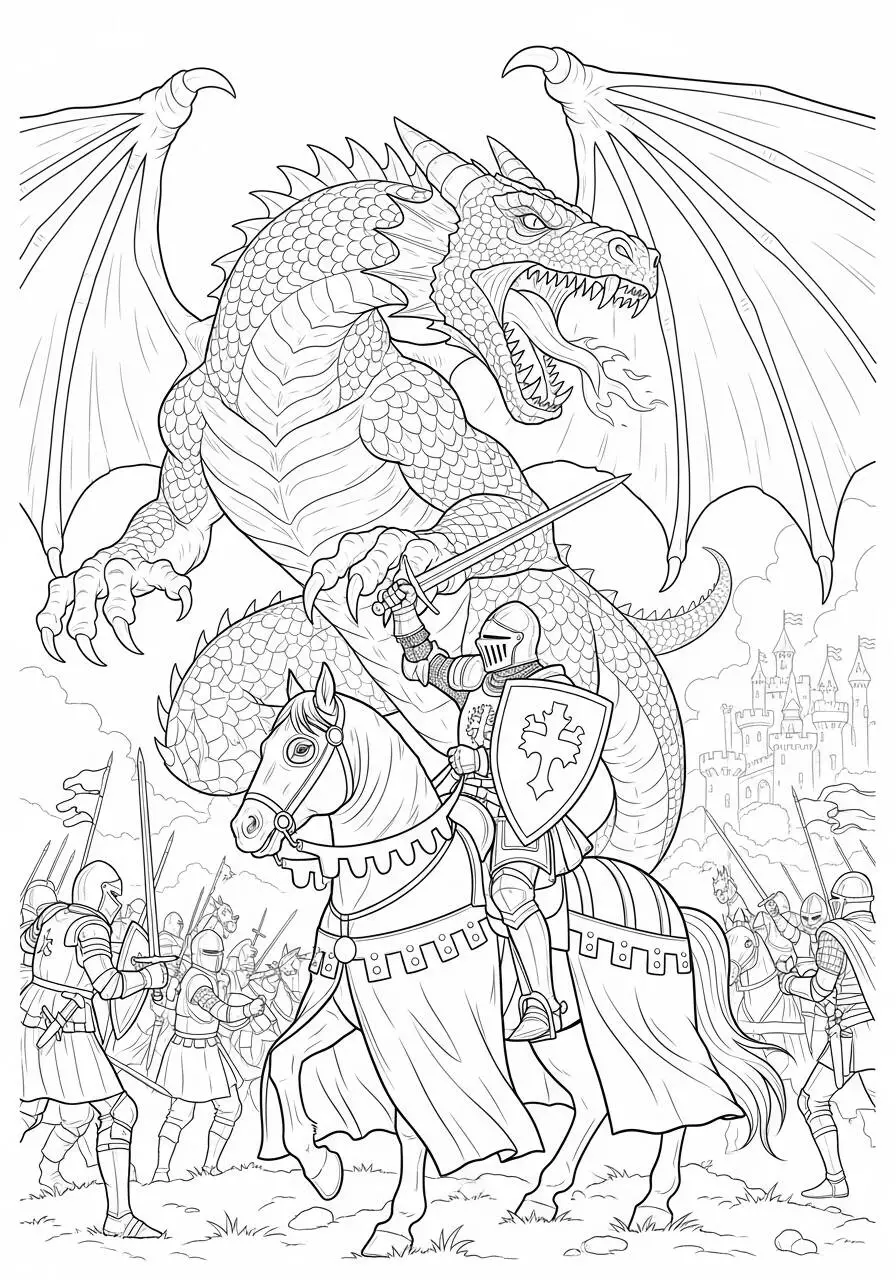 Desenho de Dragão Gigante a Atacar um Cavaleiro para Colorir