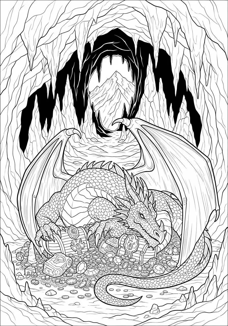 Desenho de Dragão Guardião do Tesouro em Caverna para Colorir