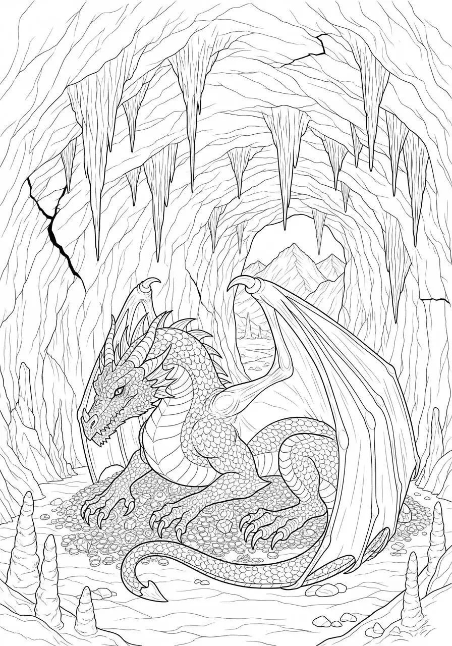 Desenho de Dragão Guardião do Tesouro em Caverna para Colorir