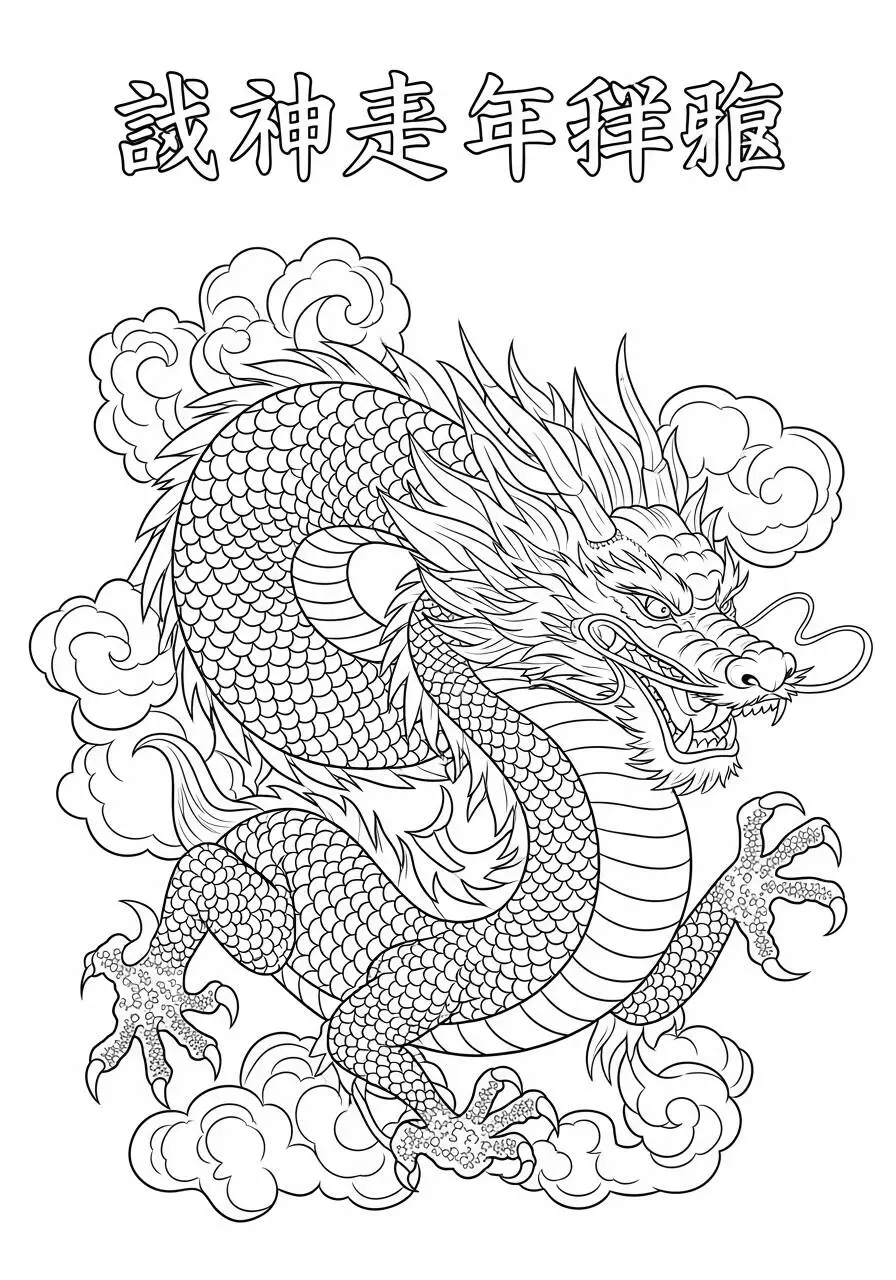 Desenho de Dragão Chinês Envolto em Nuvens para Colorir