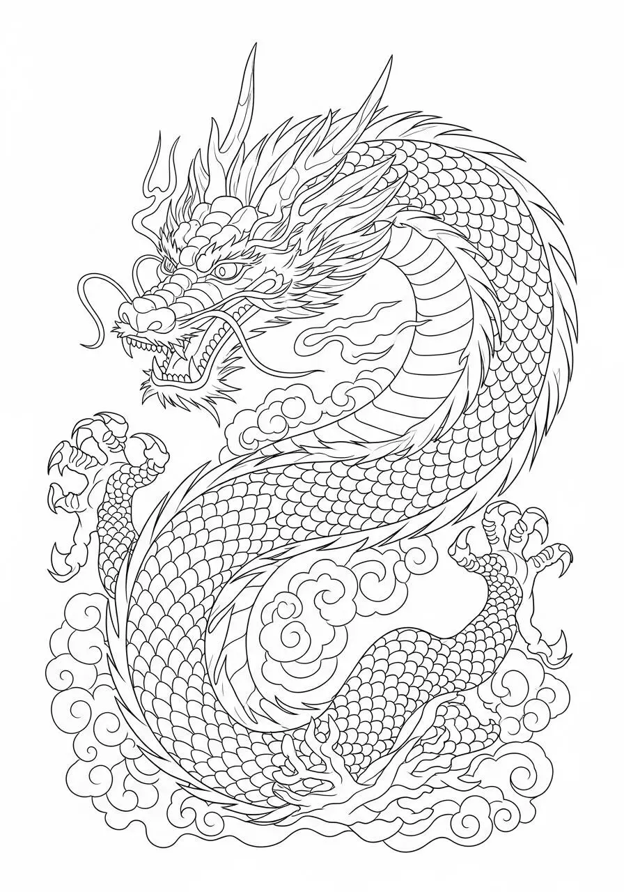 Desenho de Dragão Chinês Enrolado nas Nuvens para Colorir