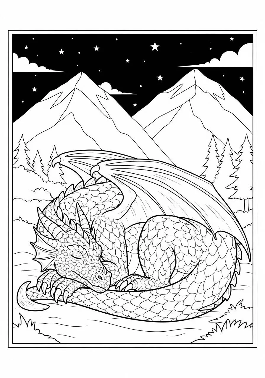 Desenho de Dragão Dormindo em um Vale Montanhoso para Colorir