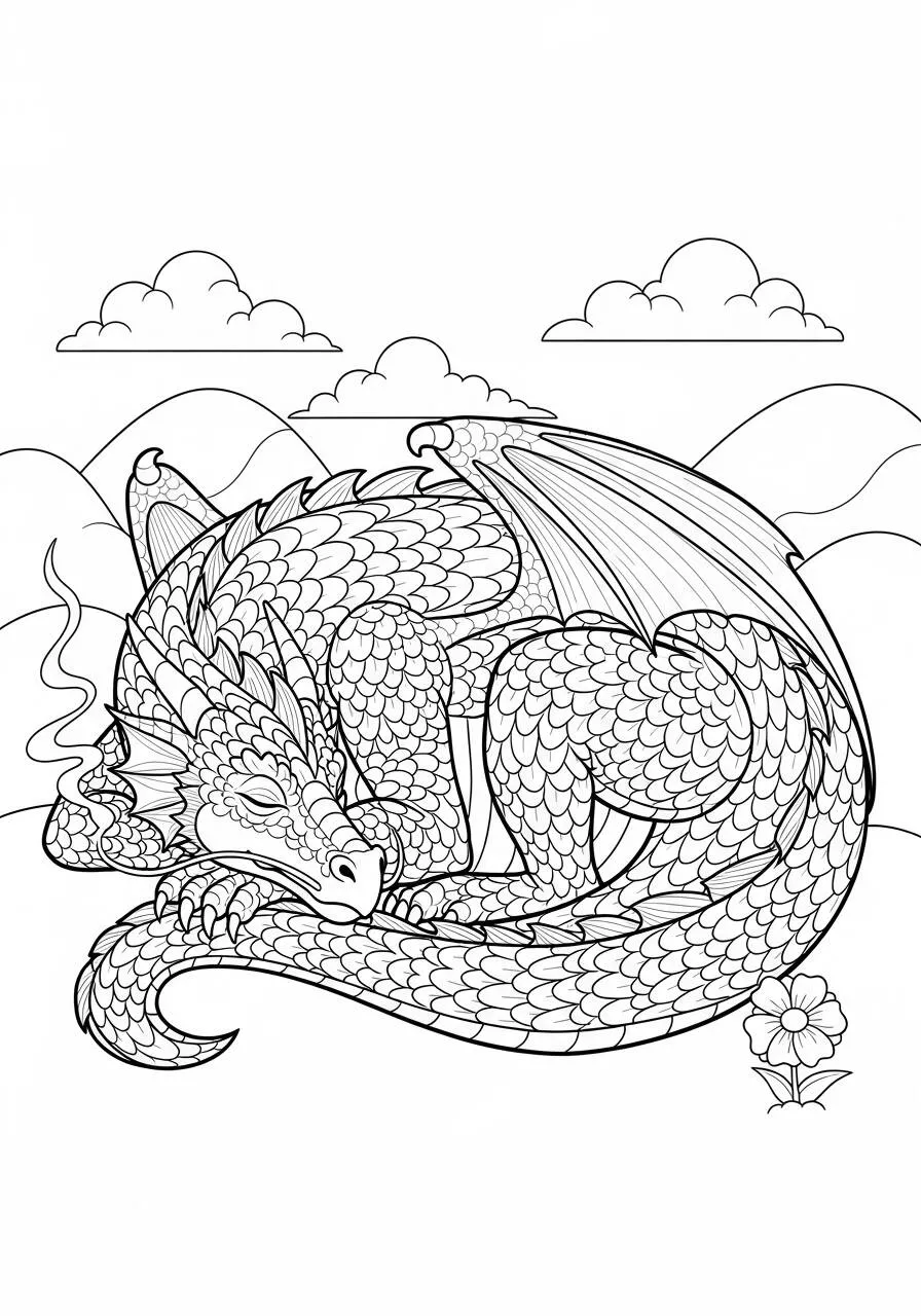 Desenho de Dragão Adormecido em um Canto Tranquilo para Colorir