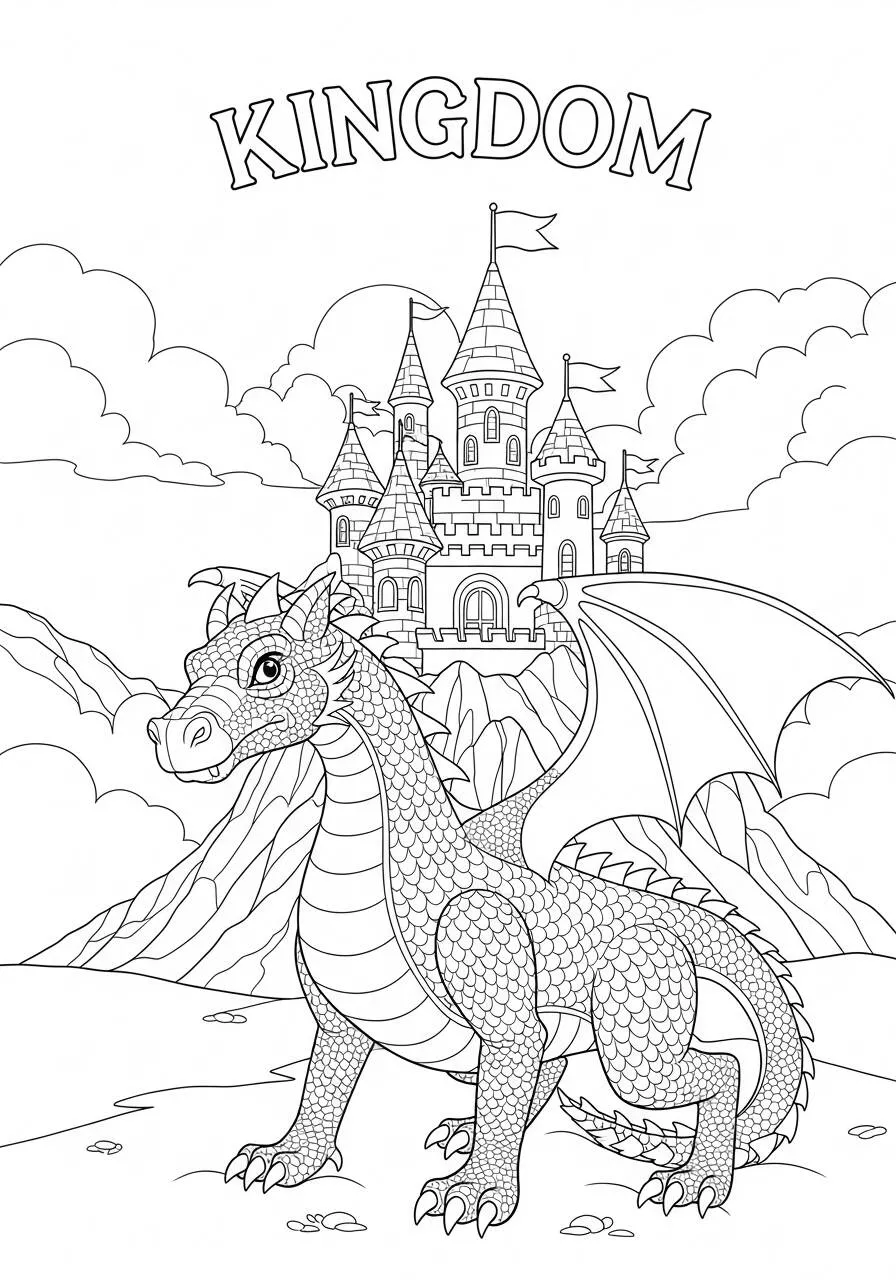 Desenho de Dragão Majestoso na Frente do Castelo para Colorir