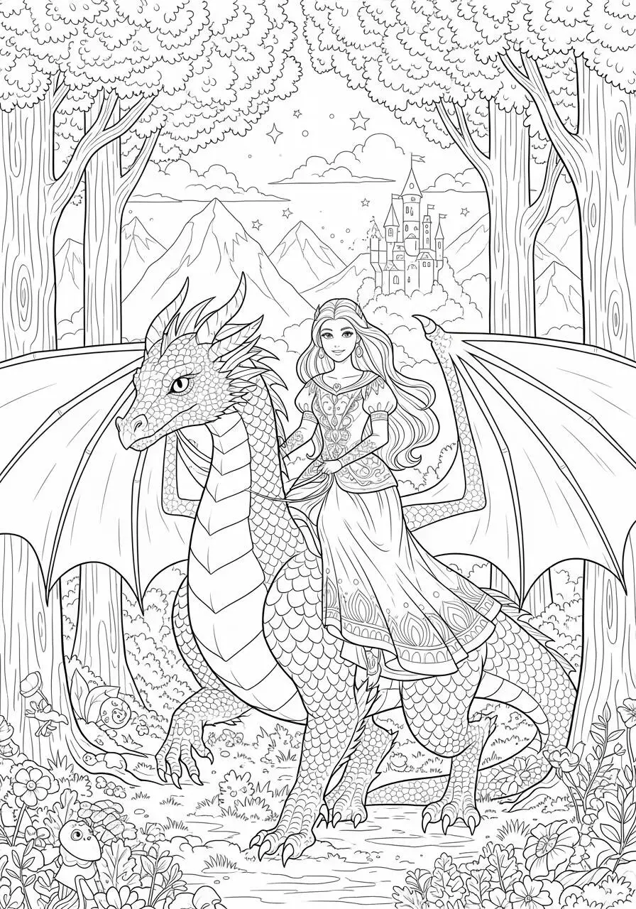 Desenho de Dragão com Princesa Montada em Floresta Encantada para Colorir