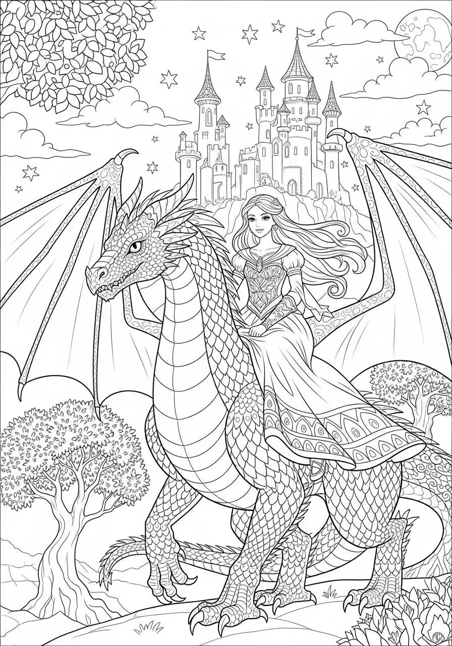 Desenho de Dragão com Princesa Montada em um Castelo Encantado para Colorir