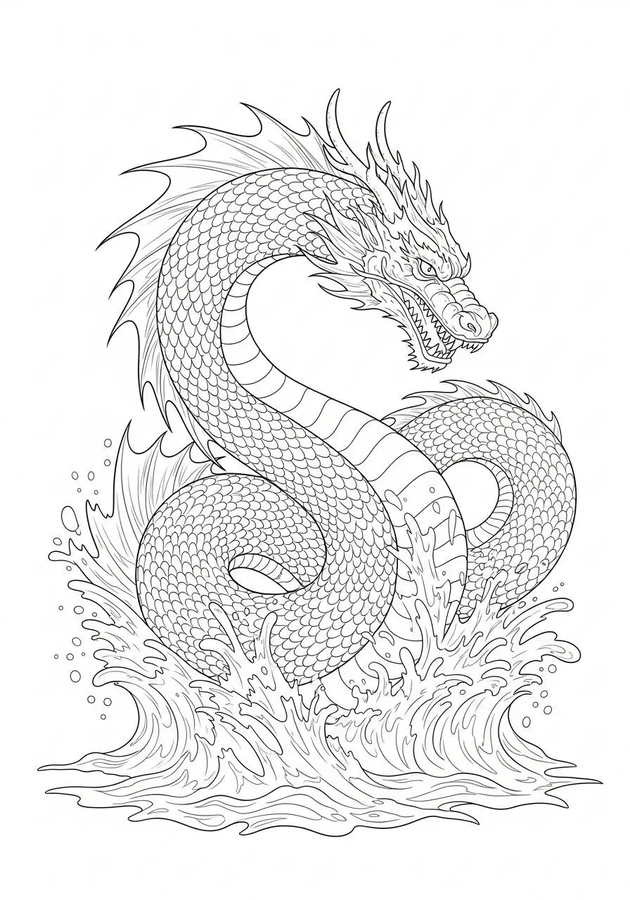 Desenho de Dragão Místico Emergiendo das Águas para Colorir