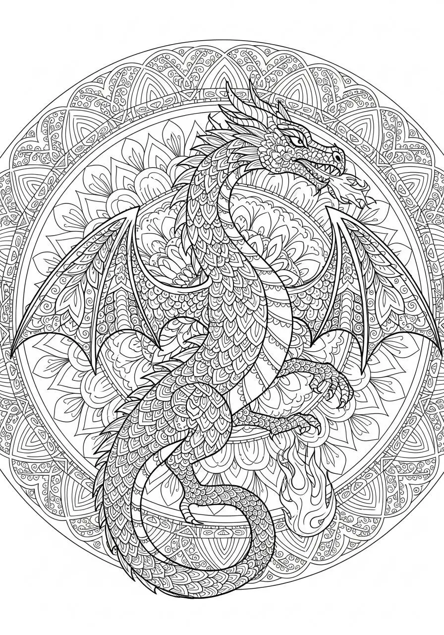 Desenho de Dragão Detalhado em Mandala para Colorir