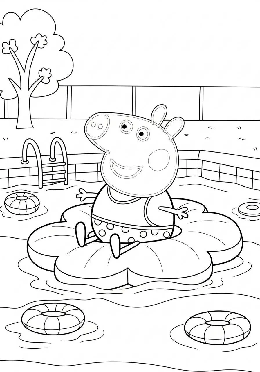 Desenho de Peppa Pig a Brincar na Piscina para Colorir