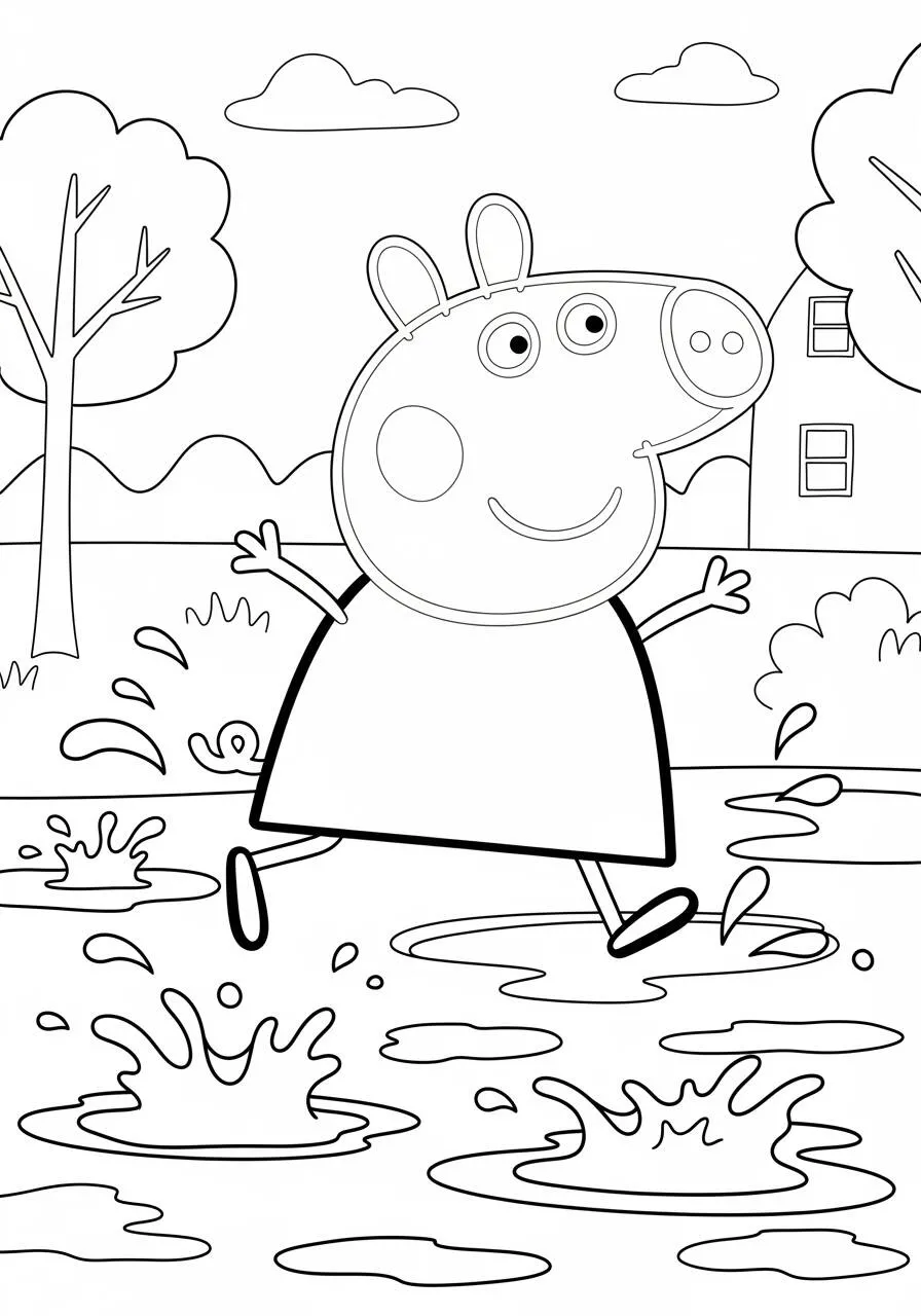 Desenho de Peppa Pig a Saltar em Poças de Lama para Colorir