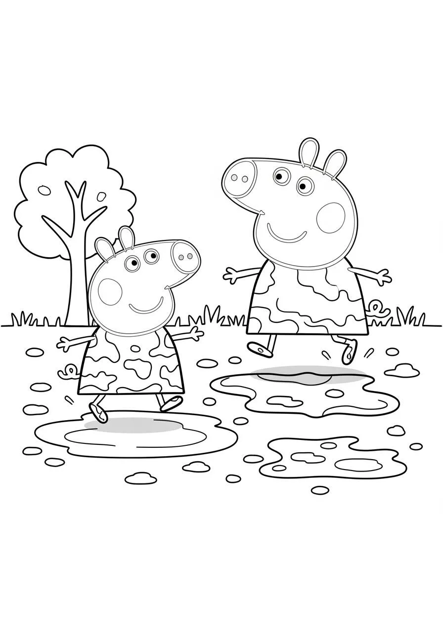 Desenho de Peppa Pig e George a Saltar em Poças de Lama para Colorir
