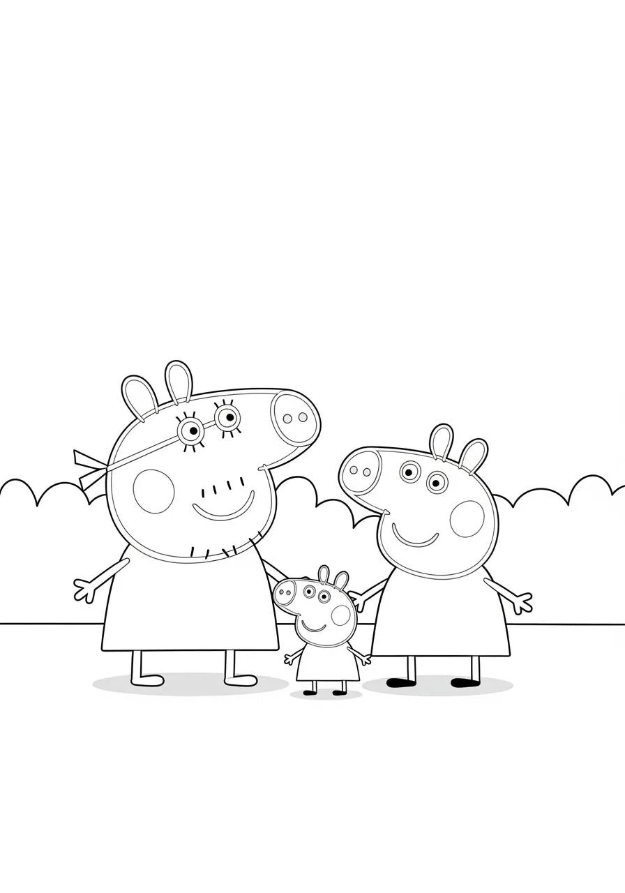 Desenho de Peppa Pig com a Mãe e a Irmã para Colorir