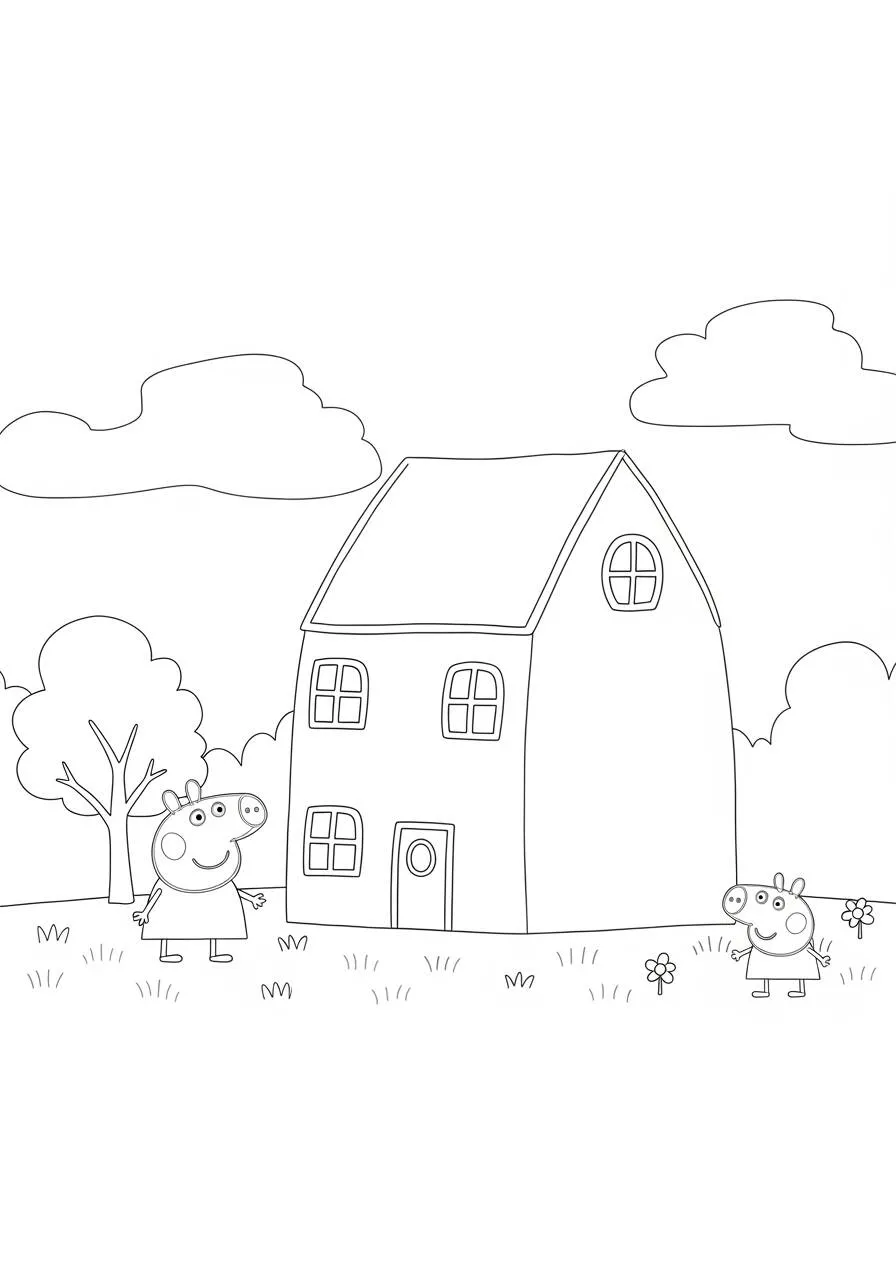 Desenho de Peppa Pig e George na Frente de Casa para Colorir