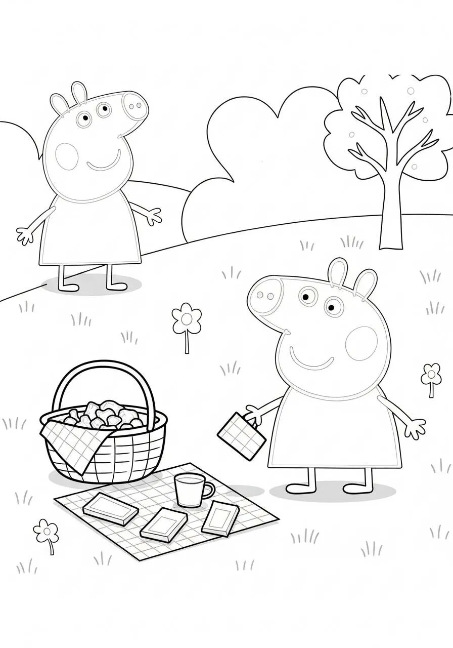 Desenho de Peppa Pig em Piquenique com a Amiga para Colorir
