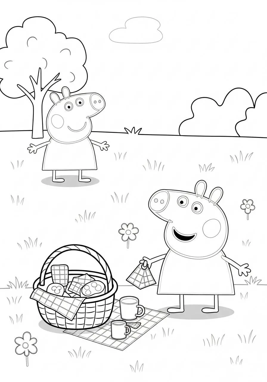Peppa Pig on a Picnic with Friends Coloring Page