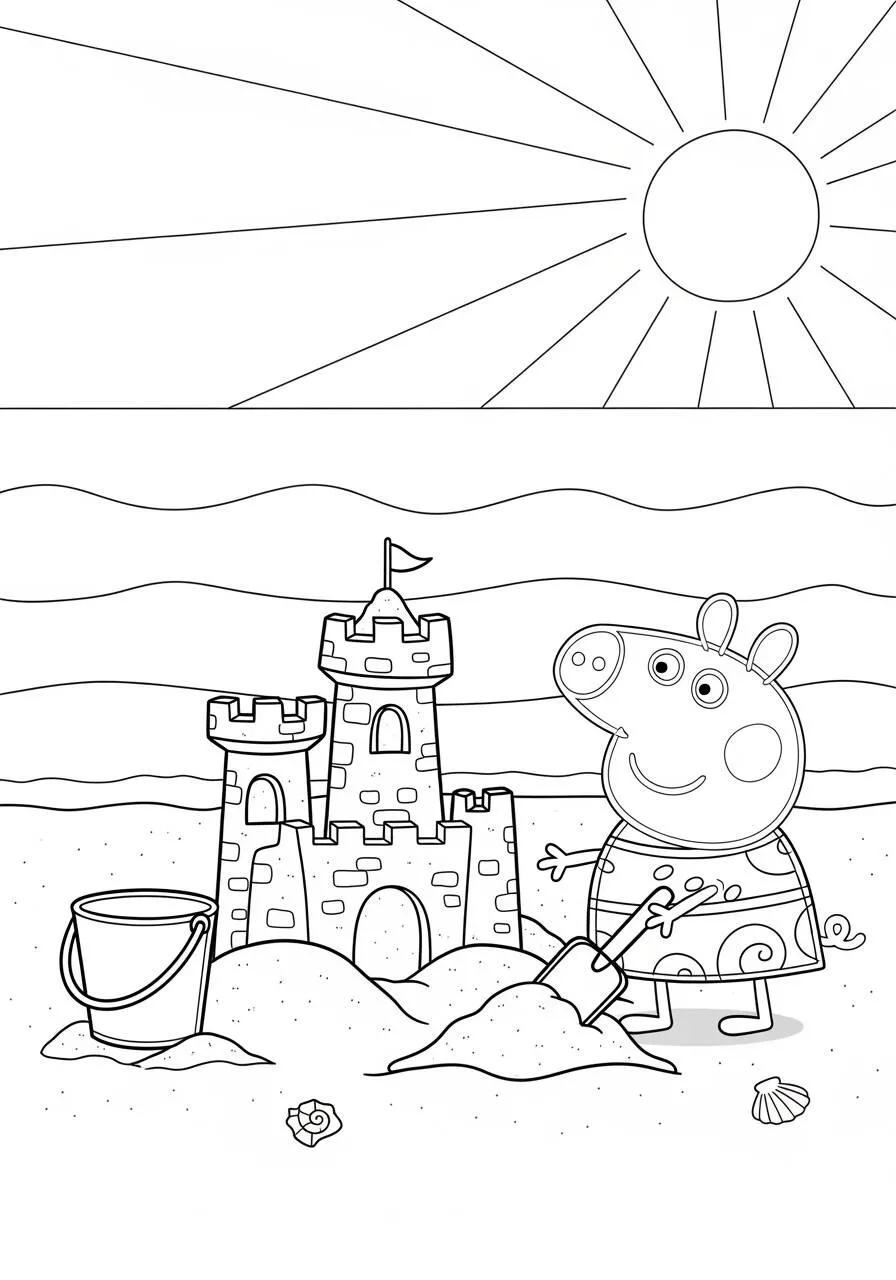 Desenho de Peppa Pig Construindo um Castelo de Areia para Colorir