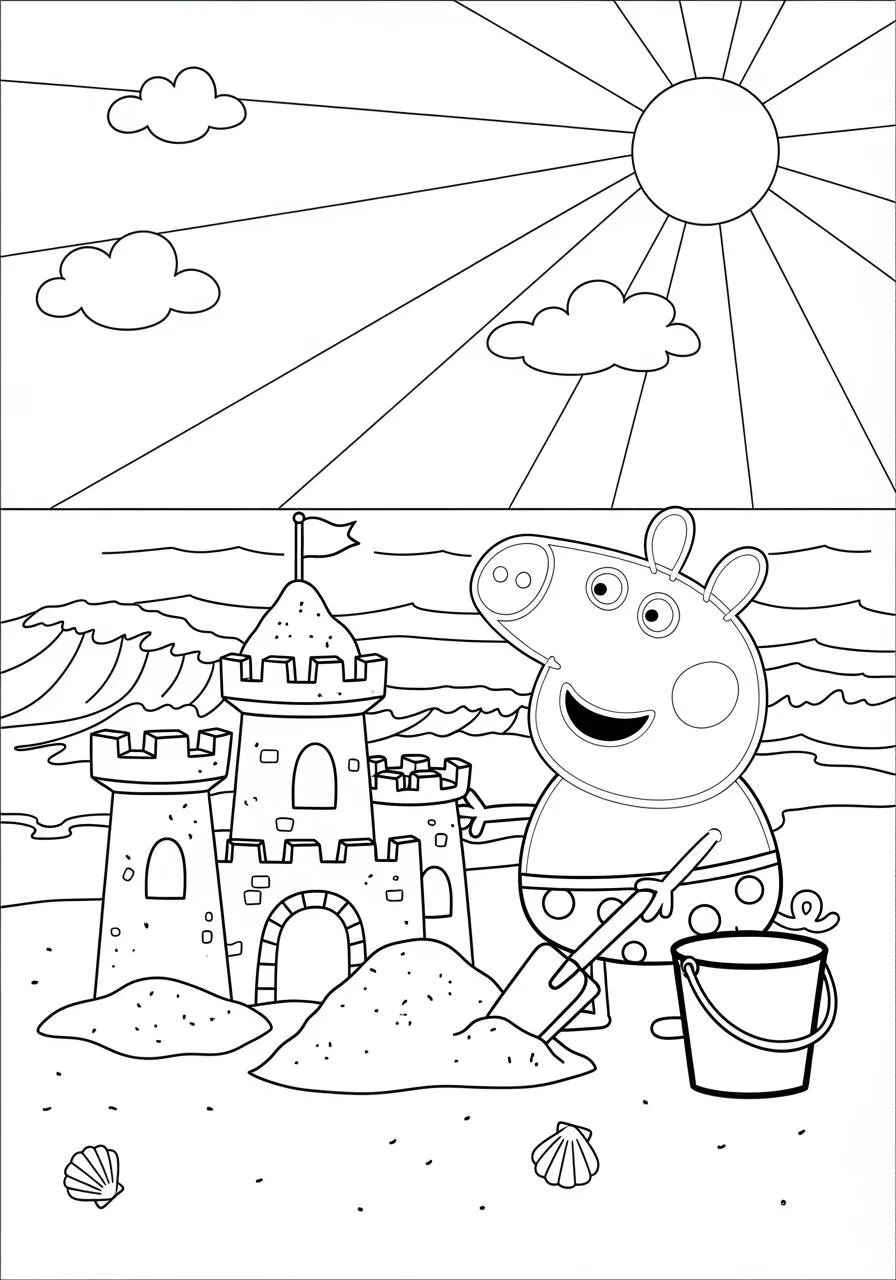 Desenho de Peppa Pig Construindo um Castelo de Areia para Colorir
