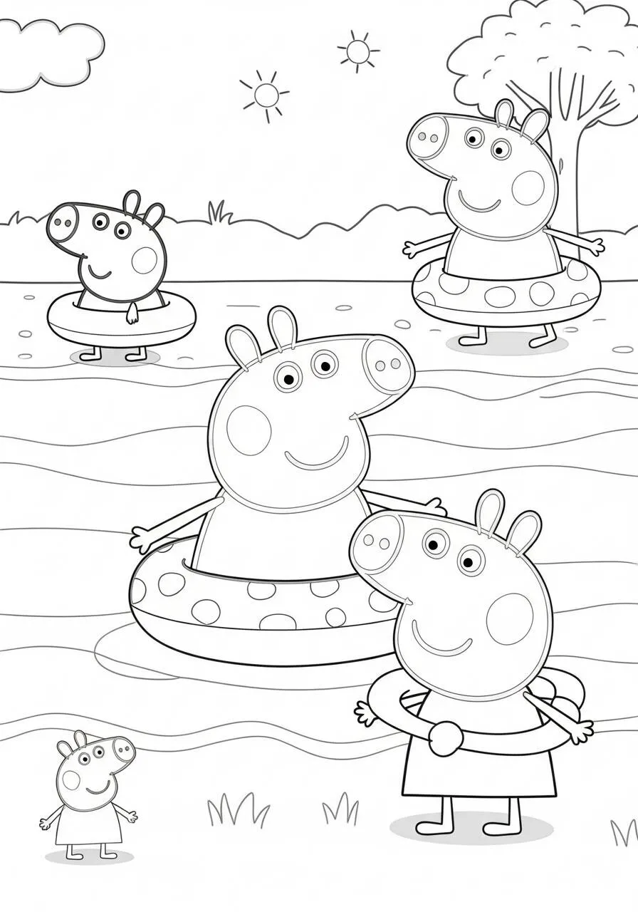 Desenho de Peppa Pig e Família se Divertindo na Piscina para Colorir