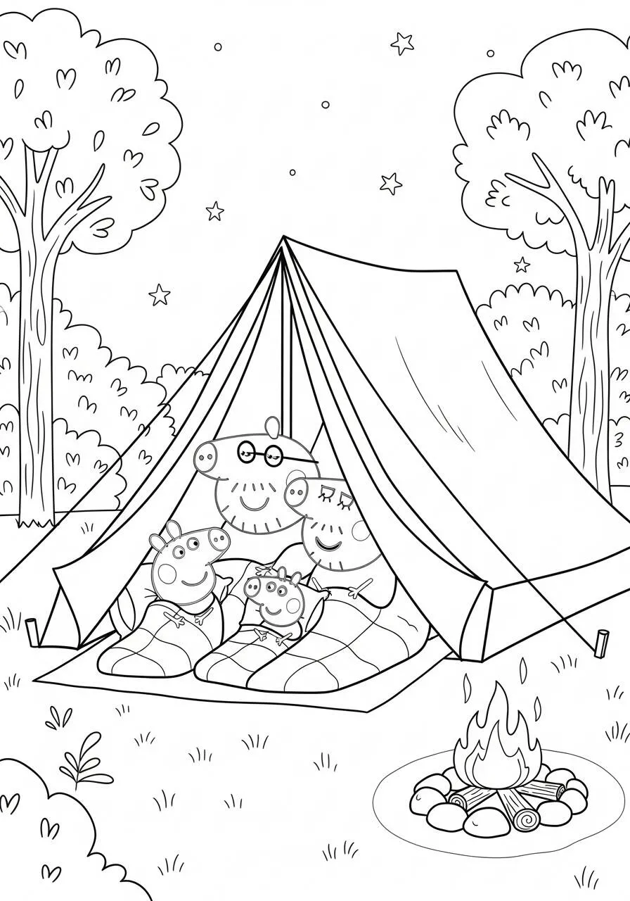Desenho de Peppa Pig Acampando com a Família para Colorir