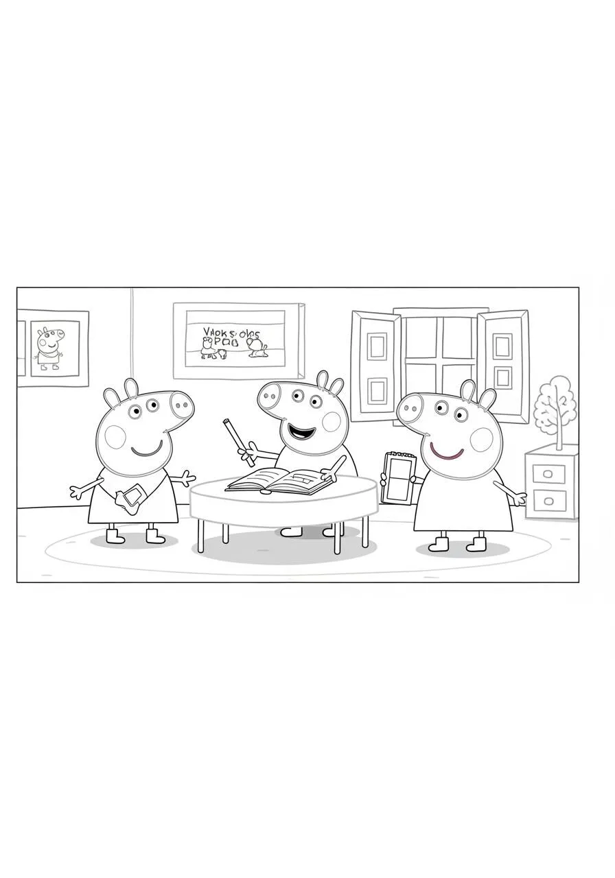 Desenho de Peppa Pig e Amigos Estudando para Colorir