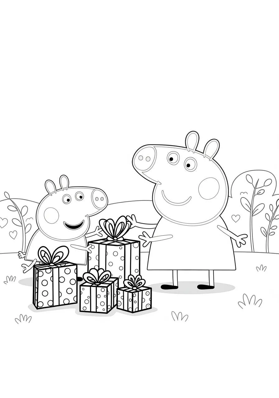 Desenho de Peppa Pig e George com Presentes para Colorir