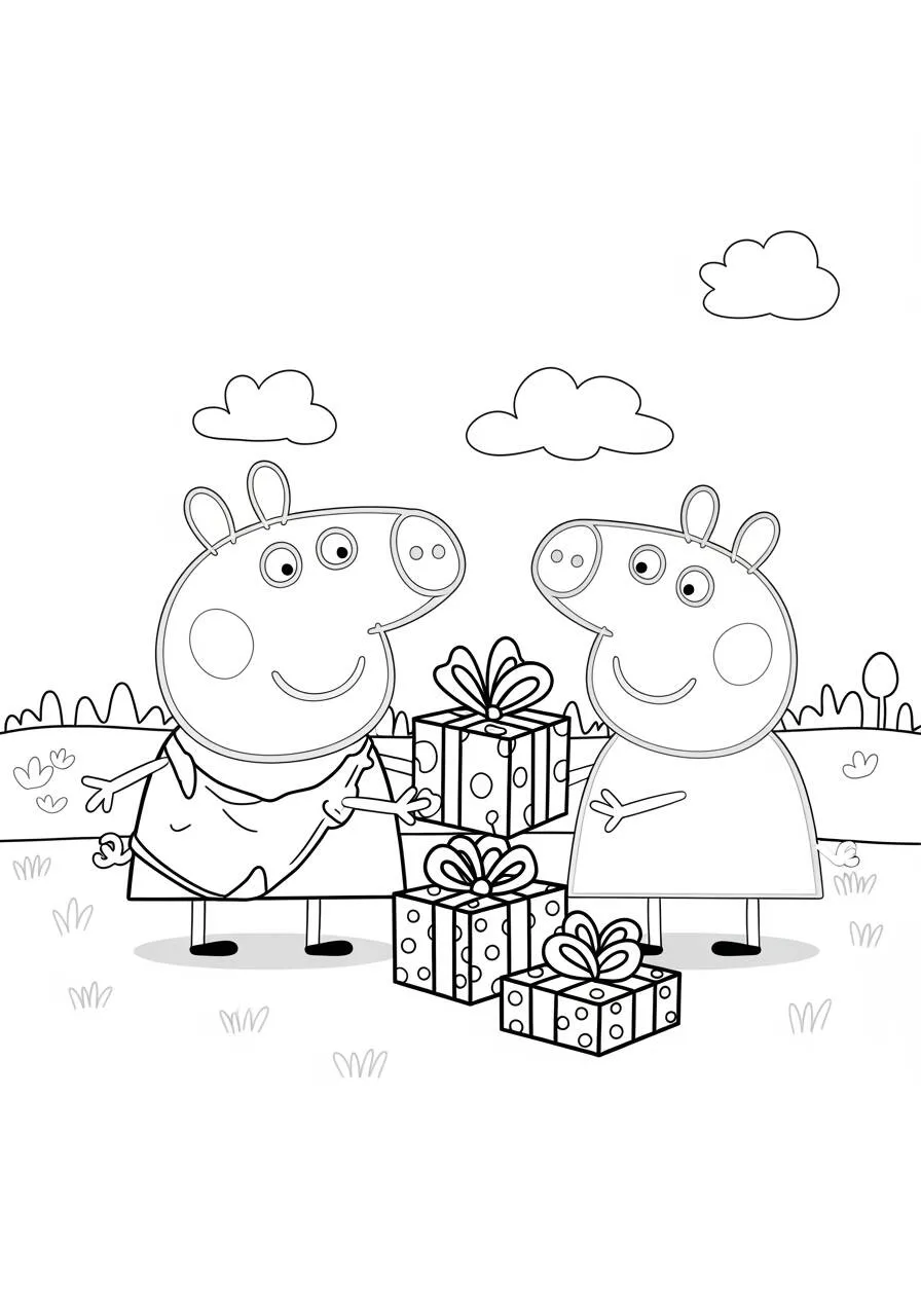 Desenho de Peppa Pig e Suzy Sheep com Presentes para Colorir