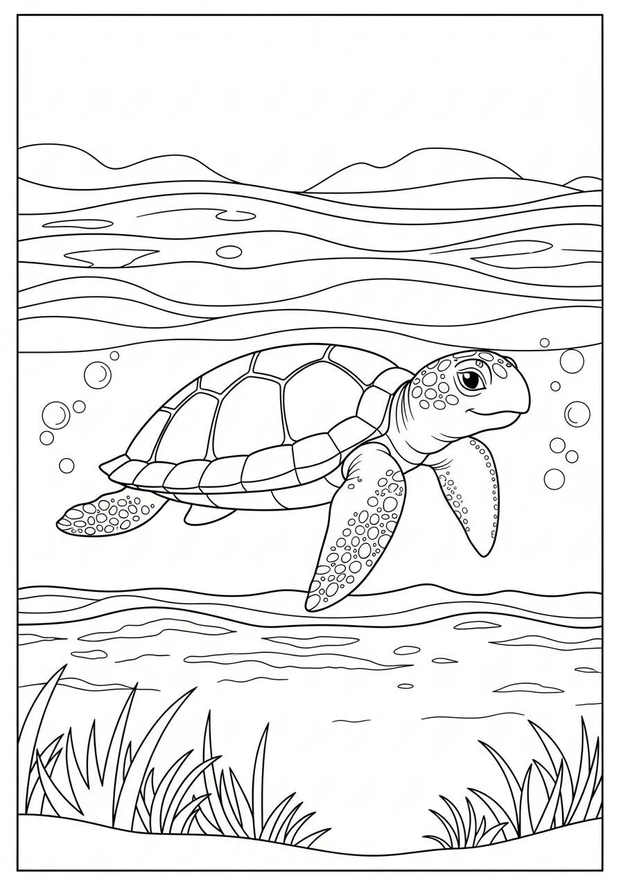 Desenho de Tartaruga Marinha a Nadar no Oceano para Colorir