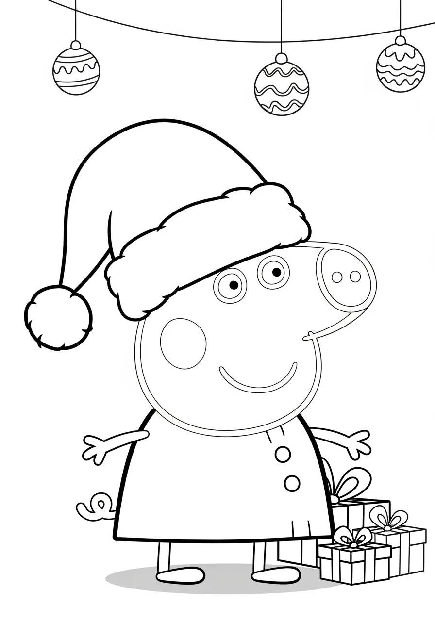 Desenho de Peppa Pig com Gorro de Natal e Presentes para Colorir