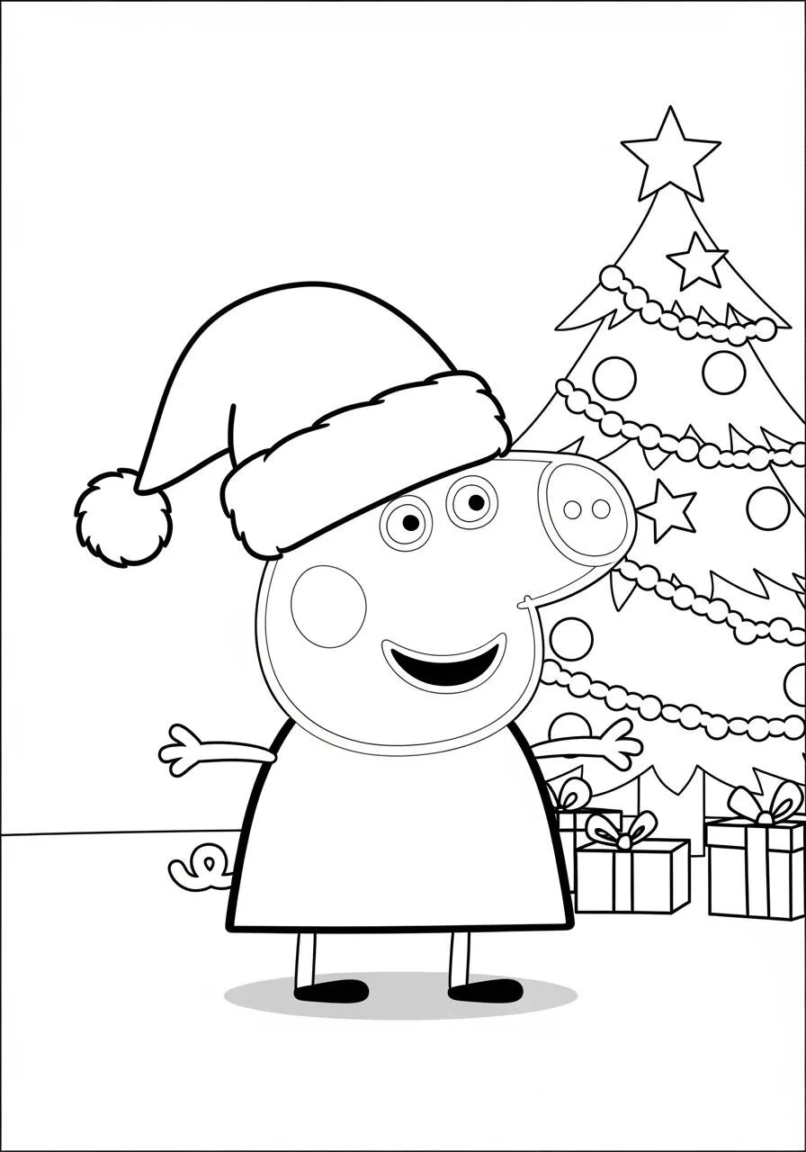 Desenho de Peppa Pig com Gorro de Natal para Colorir