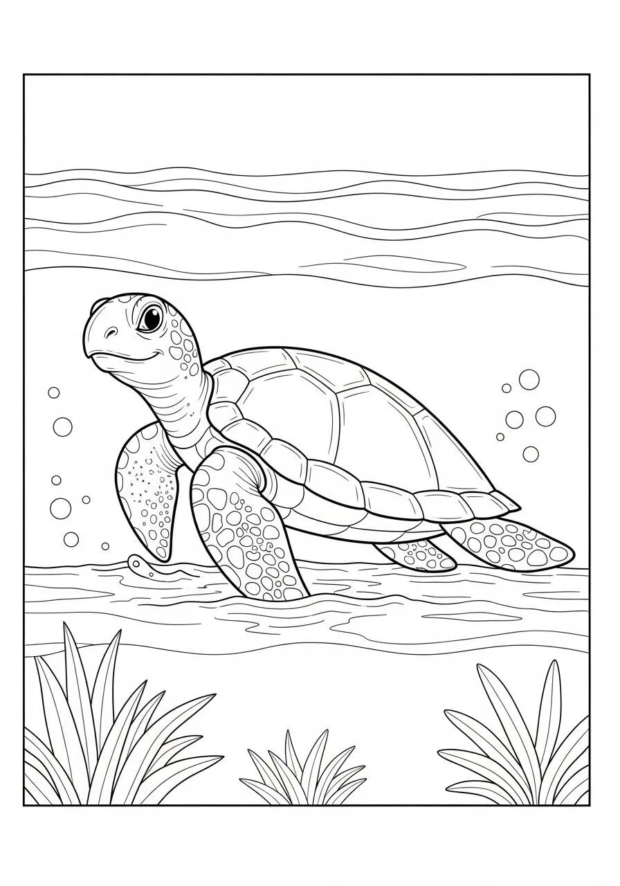 Desenho de Tartaruga Marinha a Nadar em Águas Claras para Colorir