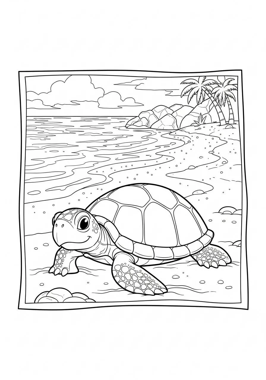 Desenho de Tartaruga na Praia com Palavras para Colorir