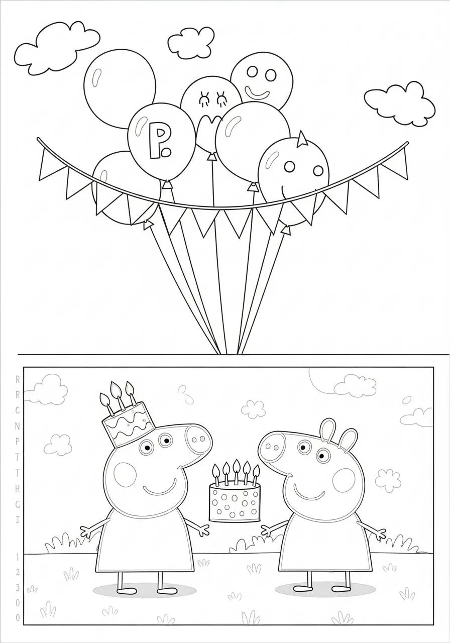 Desenho de Peppa Pig e George Celebrando Aniversário com Balões para Colorir