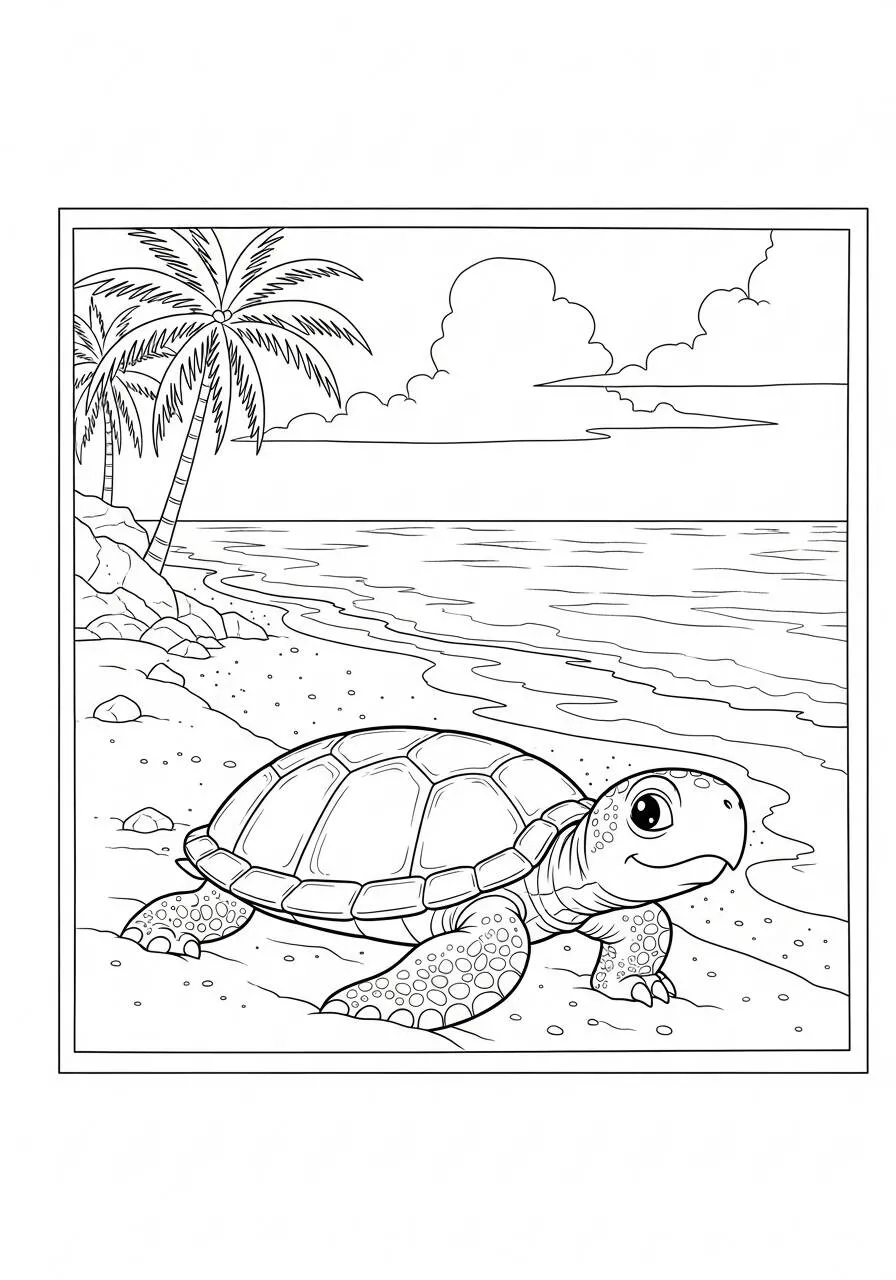 Desenho de Tartaruga na Praia com Palavras para Colorir