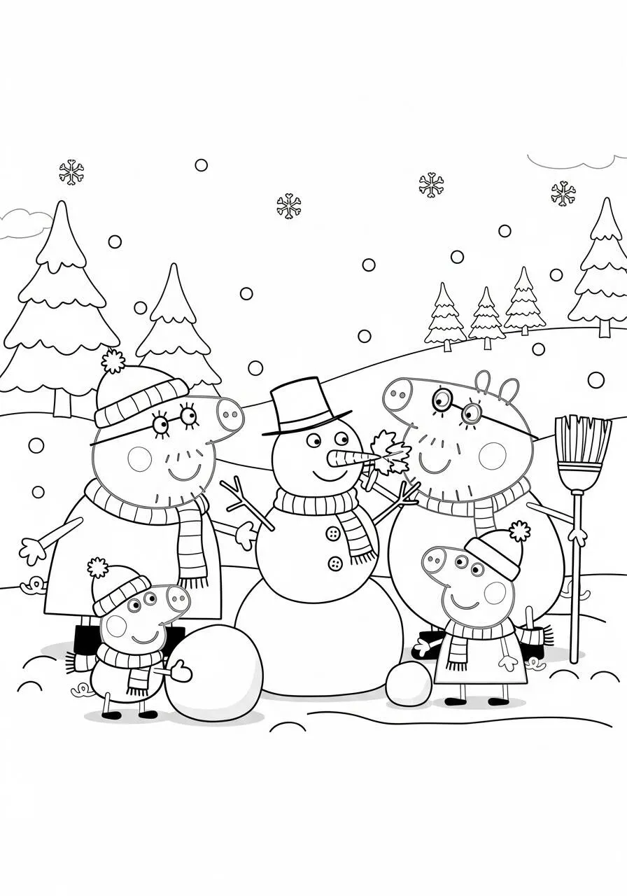 Desenho de Peppa Pig e Família Construindo um Boneco de Neve para Colorir