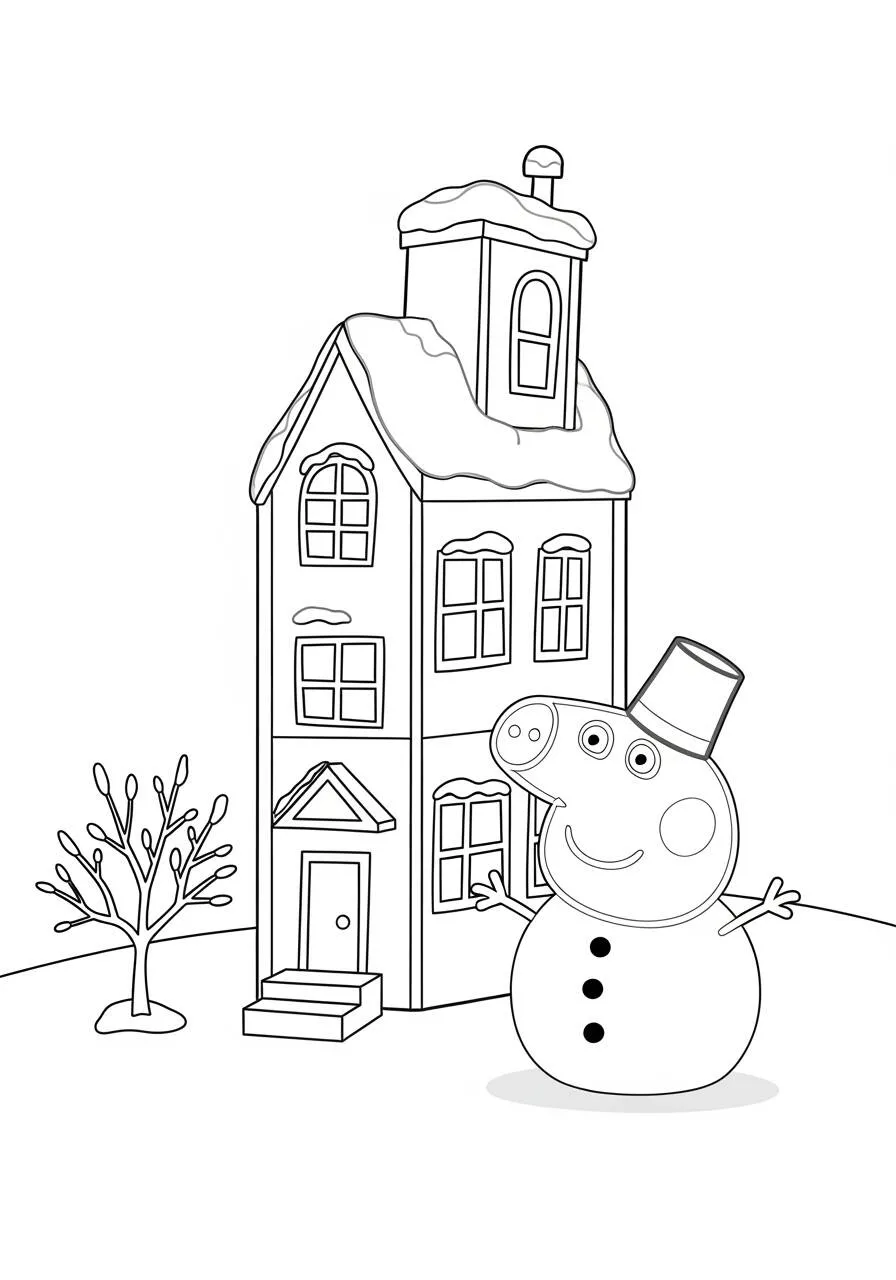 Desenho de Peppa Pig com Boneco de Neve e Casa para Colorir